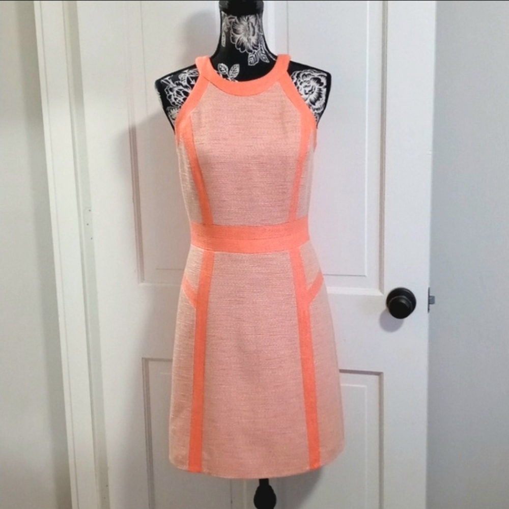 🍑Milly🍑 - Coral/Peach Tweed Linen Blend Shift Dress w/Neon Piping